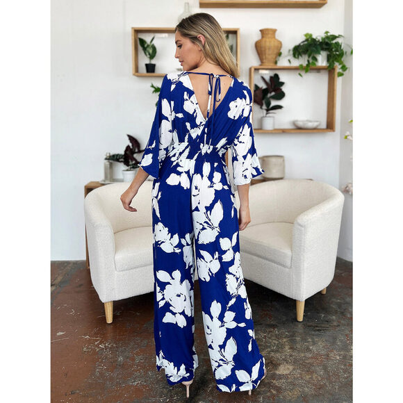 Double Take Full Size Printed Tie Back Wide Leg Jumpsuit - Picture 7 of 15